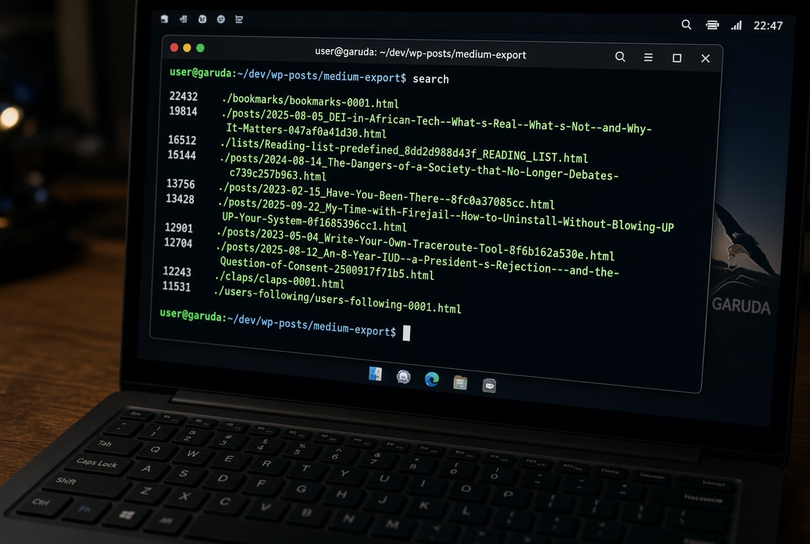 Placeholder: the search alias running in a terminal